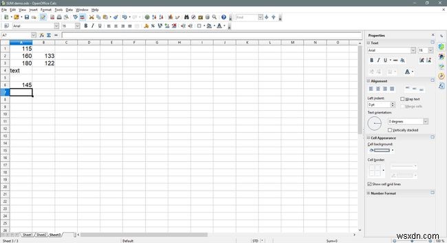 OpenOfficeCalcで数値の列または行を合計する方法 
