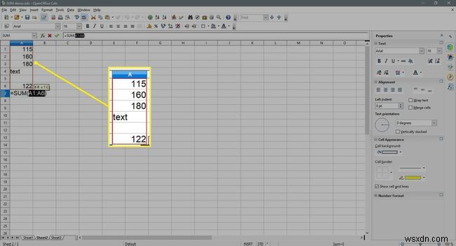 OpenOfficeCalcで数値の列または行を合計する方法 