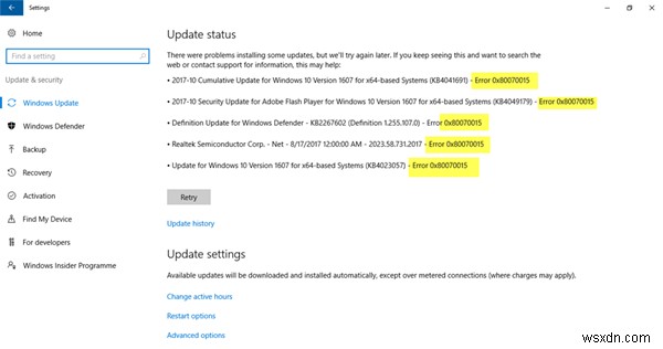 Windows Update、Microsoft Store、WindowsDefenderのエラー0x80070015 