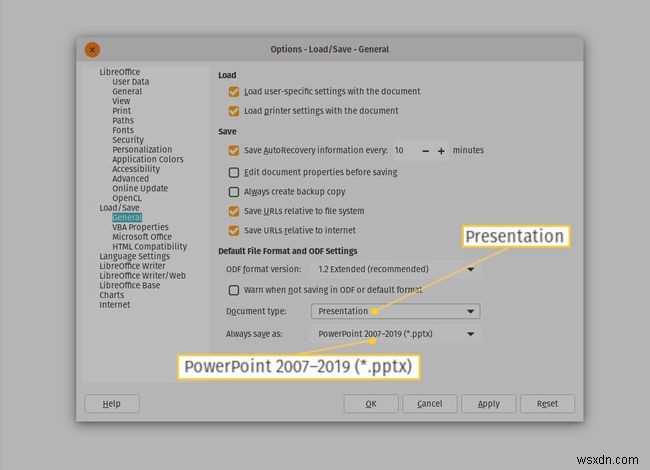 LibreOfficeのファイルをWord・Excel・PowerPoint形式で保存する設定方法