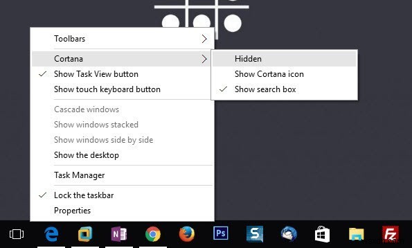Windows 10のタスクバーからCortana検索ボックスとタスクビューアイコンを消す方法
