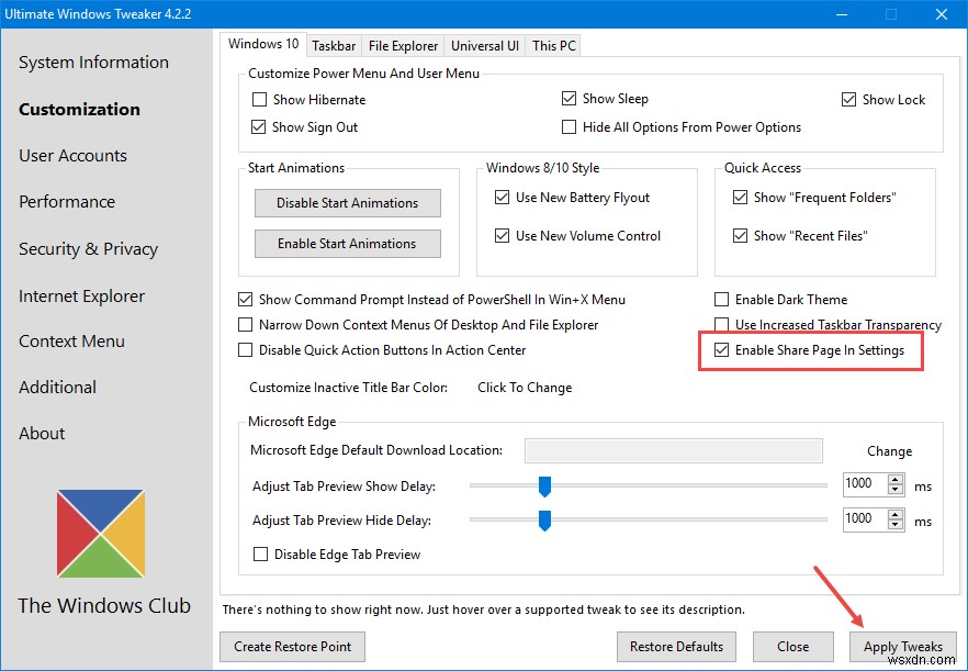 Windows 10の設定アプリで非表示の「共有」設定ページを有効にする2つの方法