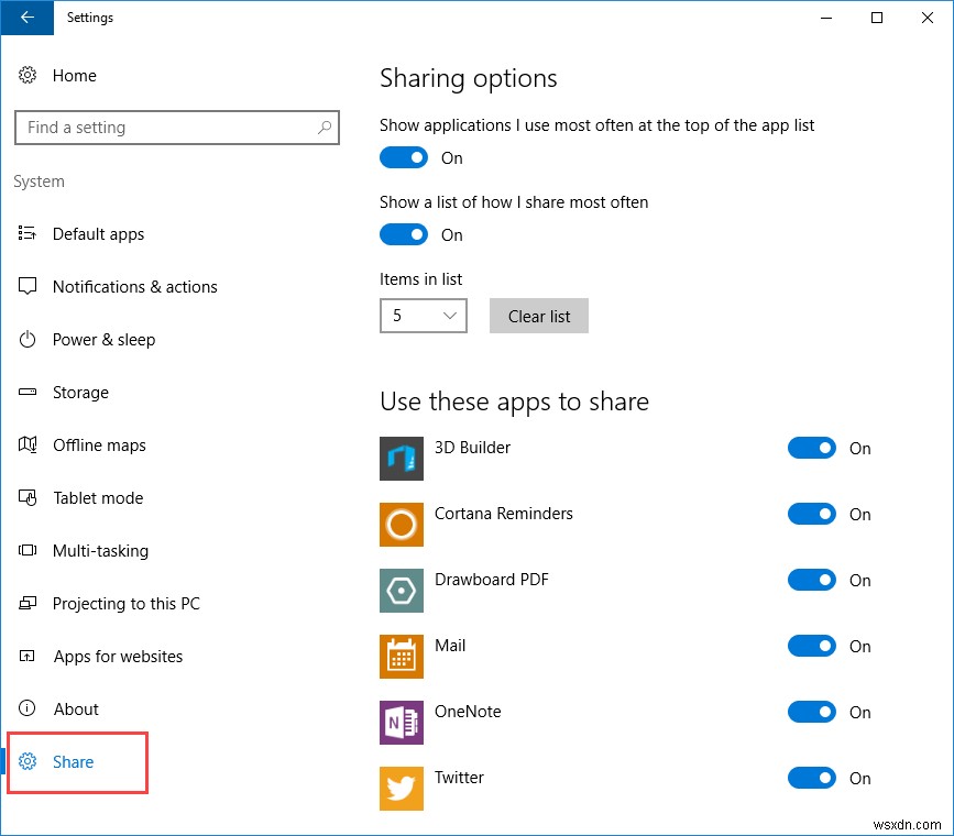 Windows 10の設定アプリで非表示の「共有」設定ページを有効にする2つの方法
