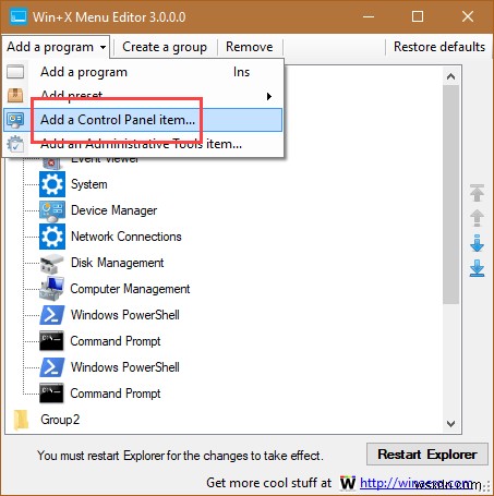 Windows 10の「Win + X」メニュー(パワーユーザーメニュー)にコントロールパネルを追加する方法