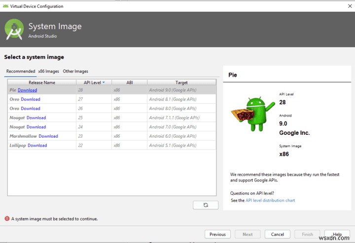 Android StudioでAndroid 9(Pie)仮想デバイスをセットアップして実行する方法