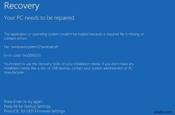 Windows 10の起動エラー「winload.efiが見つからないか、エラーが含まれています」の修正方法