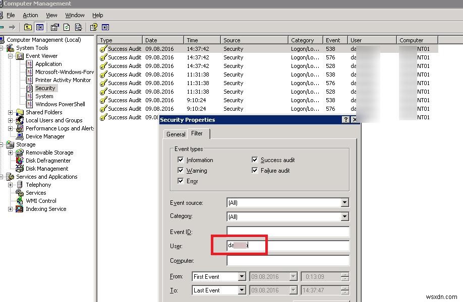 Windows Server 2008以降でユーザー名を指定してイベントログをフィルタリングする方法