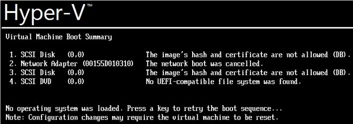 Hyper-Vブートエラー「イメージのハッシュと証明書は許可されていません」の対処法