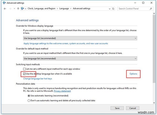 Windows 10の入力インジケーターと言語バーの表示・非表示を切り替える方法