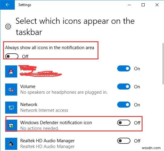 Windows 10の通知領域にWindows Defenderアイコンを表示・非表示にする方法