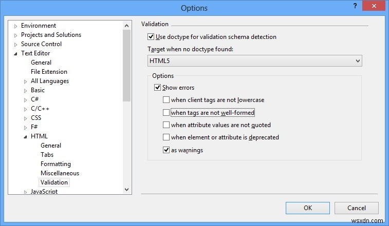 Visual StudioでHTML5検証を追加・設定する方法
