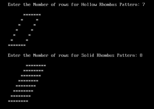 C言語で中実・中空の菱形（ひし形）パターンを出力するプログラム