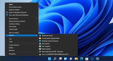 Windows 11の「送信」メニューに新しいショートカットを追加する方法