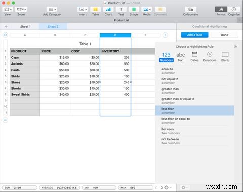 MacのNumbersで数値の条件付きハイライトを設定する方法