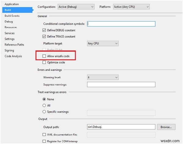 C#でアンセーフ（安全でない）コードをコンパイルする方法