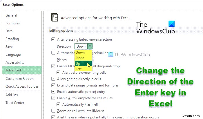ExcelでEnterキーを押した後のセル移動方向を変更する方法