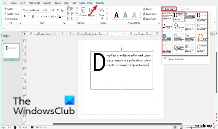 Microsoft Publisherでドロップキャップを作成・挿入する方法