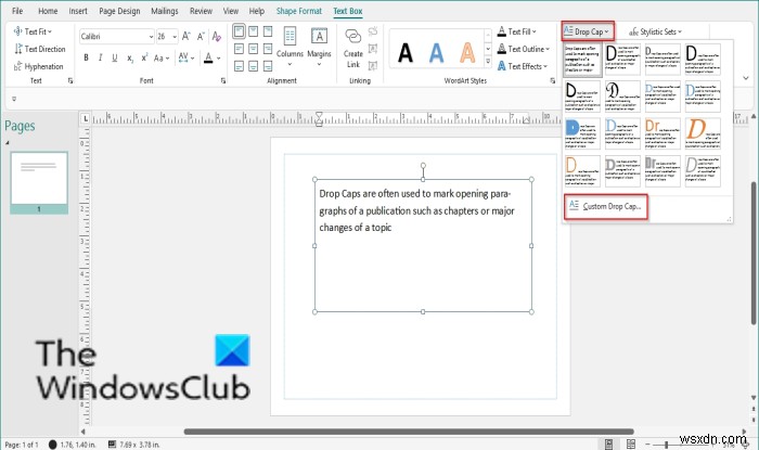 Microsoft Publisherでドロップキャップを作成・挿入する方法