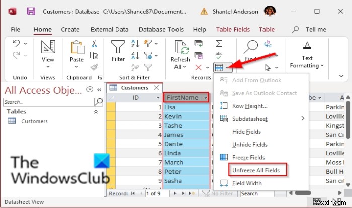 Microsoft Accessで列を固定・固定解除する方法