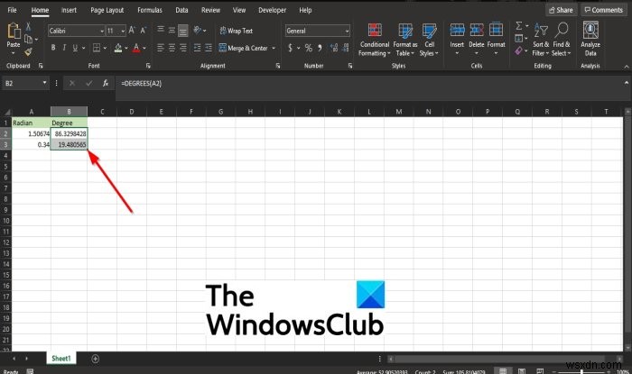 Microsoft ExcelのDEGREES関数の使い方|ラジアンを度(°)に変換する方法