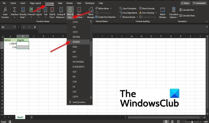 Microsoft ExcelのDEGREES関数の使い方|ラジアンを度(°)に変換する方法