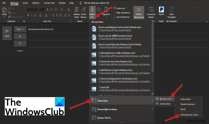 Outlookの電子名刺を他のユーザーに送信する方法