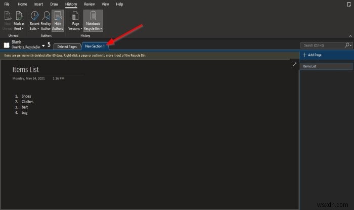 OneNoteの「ノートブックのごみ箱」で削除したページを復元する方法