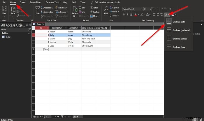 Microsoft Accessでデータシートのグリッド線スタイルと背景色を変更する方法