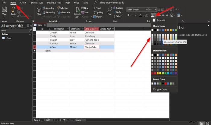Microsoft Accessでデータシートのグリッド線スタイルと背景色を変更する方法