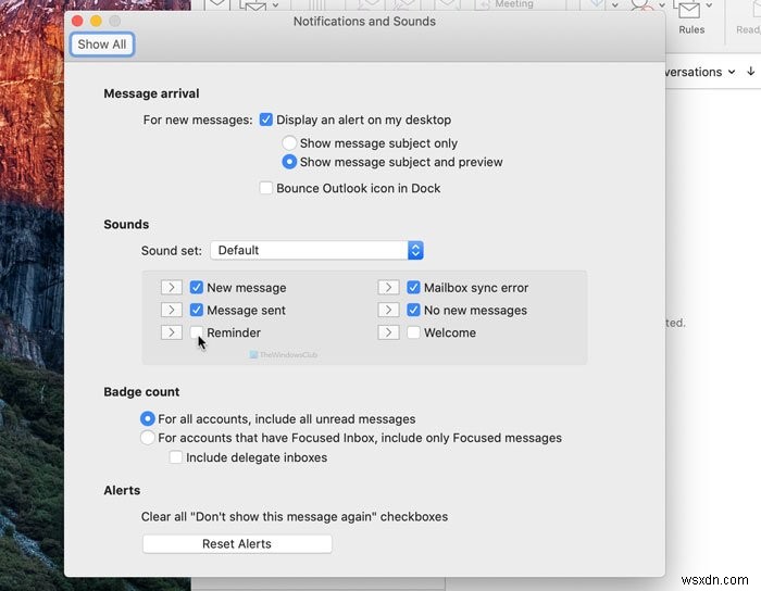 MacでOutlookのリマインダー通知と通知音をオフにする方法