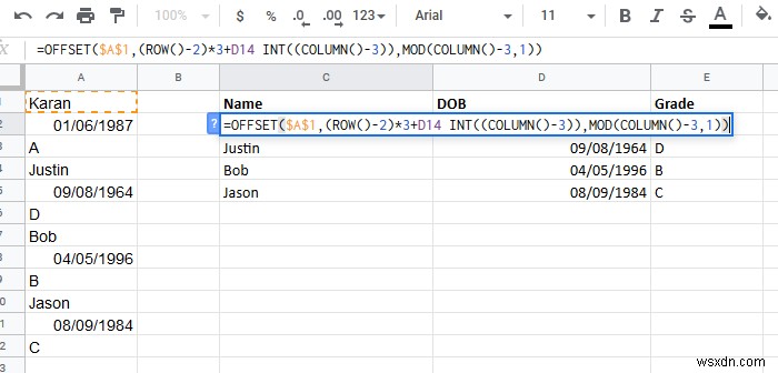 ExcelのOFFSET関数で1列のデータを複数行・列の表形式に変換する方法