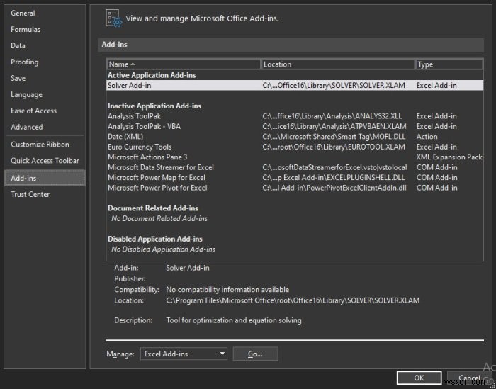 Microsoft Excelでソルバーアドインが動作しないときの有効化手順