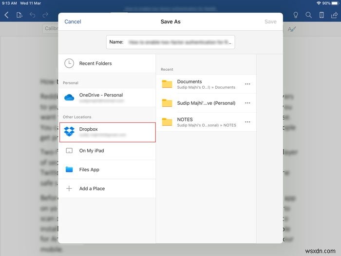 iPadのWord・ExcelからMicrosoft OfficeファイルをDropboxに直接保存する方法