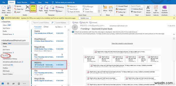 Outlookでメールをアーカイブする方法と、アーカイブ済みメールを取り出す手順