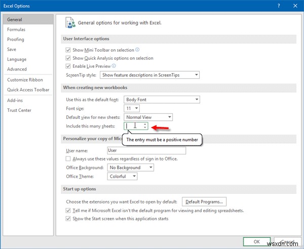 Excelブックのデフォルトのワークシート数を変更する方法