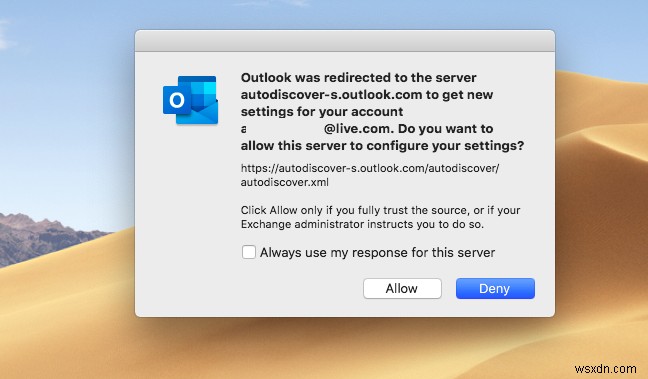 Outlook for Macで自動検出(Autodiscover)リダイレクトの警告を抑制する方法
