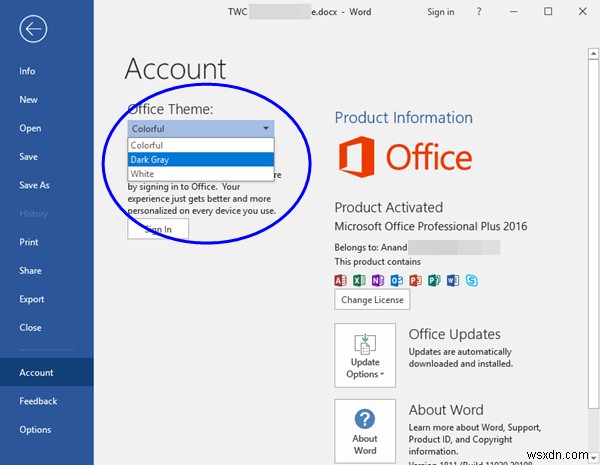 Microsoft Officeのテーマを「白」「濃い灰色」「カラー」「黒」に切り替える方法