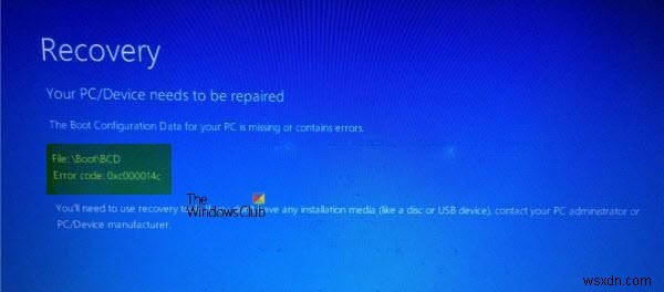 Windows 11/10で発生する0xc000014CブートBCDエラーの修正方法