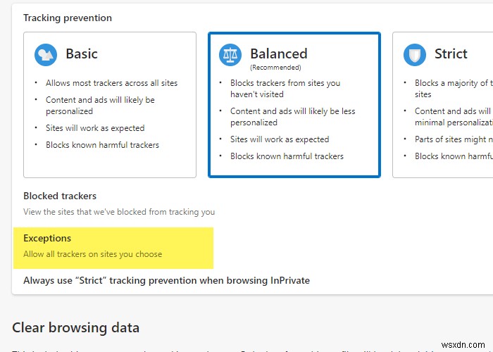 Microsoft Edgeのトラッキング防止の例外リストにサイトを追加する方法