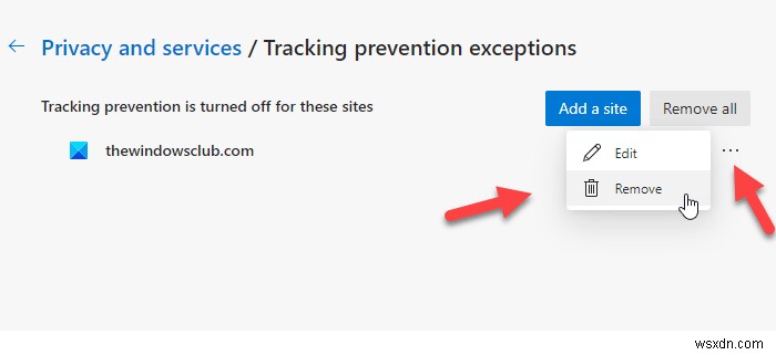 Microsoft Edgeのトラッキング防止の例外リストにサイトを追加する方法