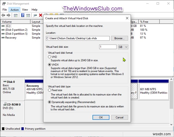 Windows 11/10で新しいVHD/VHDX仮想ハードディスクを作成・初期化する方法