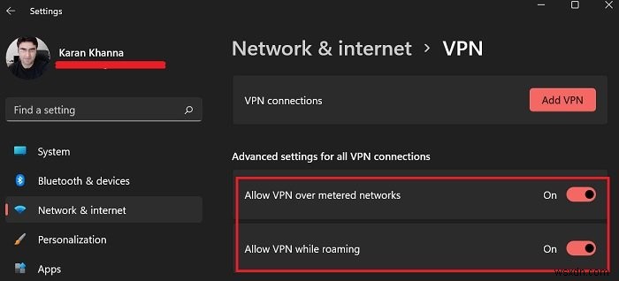 Windows 11で従量制課金接続やローミング中にVPNを許可する方法
