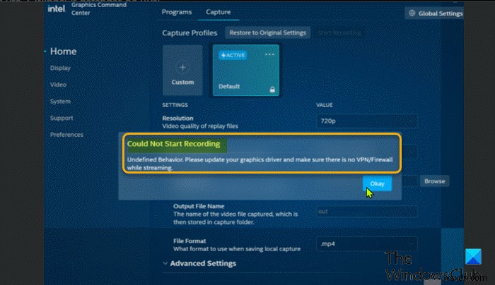 Intel グラフィックス・コマンド・センターで「録画を開始できませんでした」エラーが発生する原因と対処法