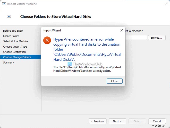 Hyper-Vで「仮想ハードディスクを宛先フォルダーにコピー中にエラーが発生しました」と表示される場合の対処法