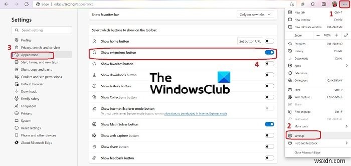 Microsoft Edgeのツールバーから拡張機能メニューボタンを削除する方法
