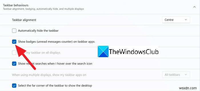 Windows 11でタスクバーアイコンのバッジを非表示にする方法