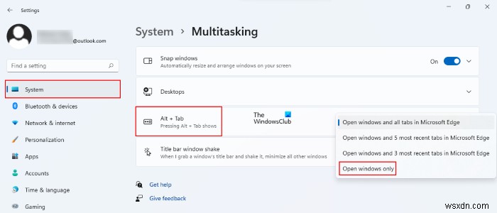 Windows 11/10でAlt+TabにEdgeのタブを表示させない方法