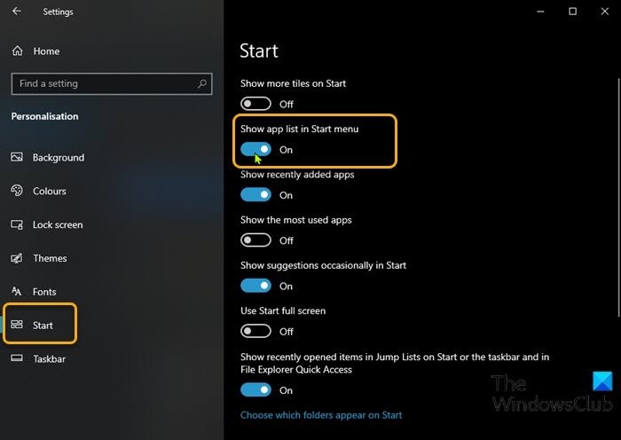 Windows 11/10のスタートメニューで「すべてのアプリ」リストを追加・削除する3つの方法