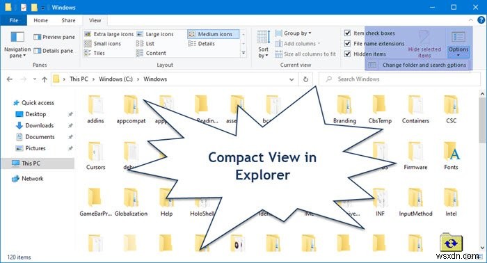 Windows 11/10のファイルエクスプローラーでコンパクトビューを無効化する方法