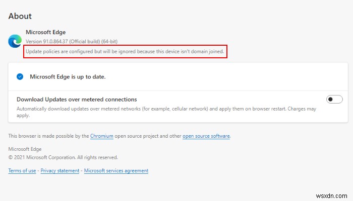 【Microsoft Edge】「更新ポリシーは構成されていますが、このデバイスはドメインに参加していないため無視されます」の意味と対処法